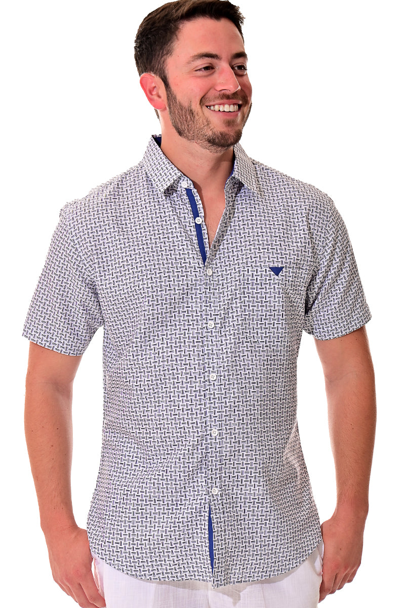 Men Microfiber Modern Print Short Sleeve Shirt - White/Black by BOHIO - MCS3208 - 6 PCS/PRE-PACK
