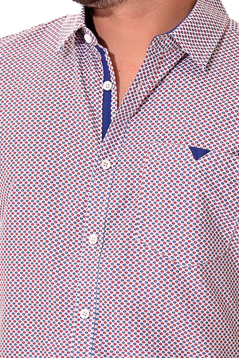 Men Microfiber Print Short Sleeve Shirt by BOHIO White/Red/Blue by BOHIO - MCS3209 - 6 PCS/PRE-PACK