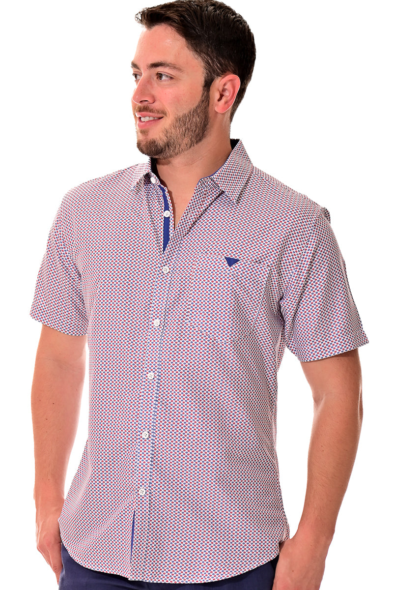 Men Microfiber Print Short Sleeve Shirt by BOHIO White/Red/Blue by BOHIO - MCS3209 - 6 PCS/PRE-PACK