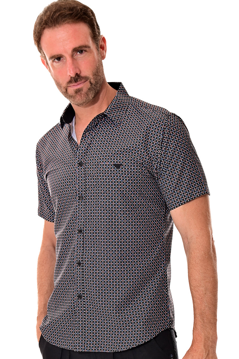 Men Microfiber Modern Print Short Sleeve Shirt Black by BOHIO - MCS3210 - 6 PCS/PRE-PACK
