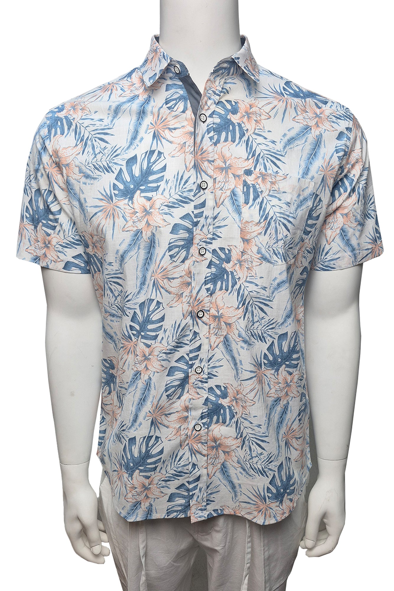 Men Cotton-Gauze Print Short Sleeve Shirt - WHITE/BLUE - BOHIO - MCS3696-6 PCS/PRE-PACK