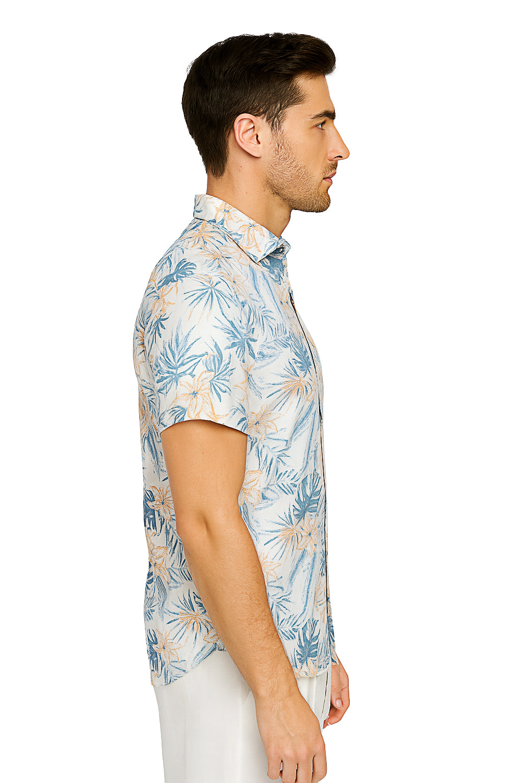 Men Cotton-Gauze Print Short Sleeve Shirt - WHITE/BLUE - BOHIO - MCS3696-6 PCS/PRE-PACK