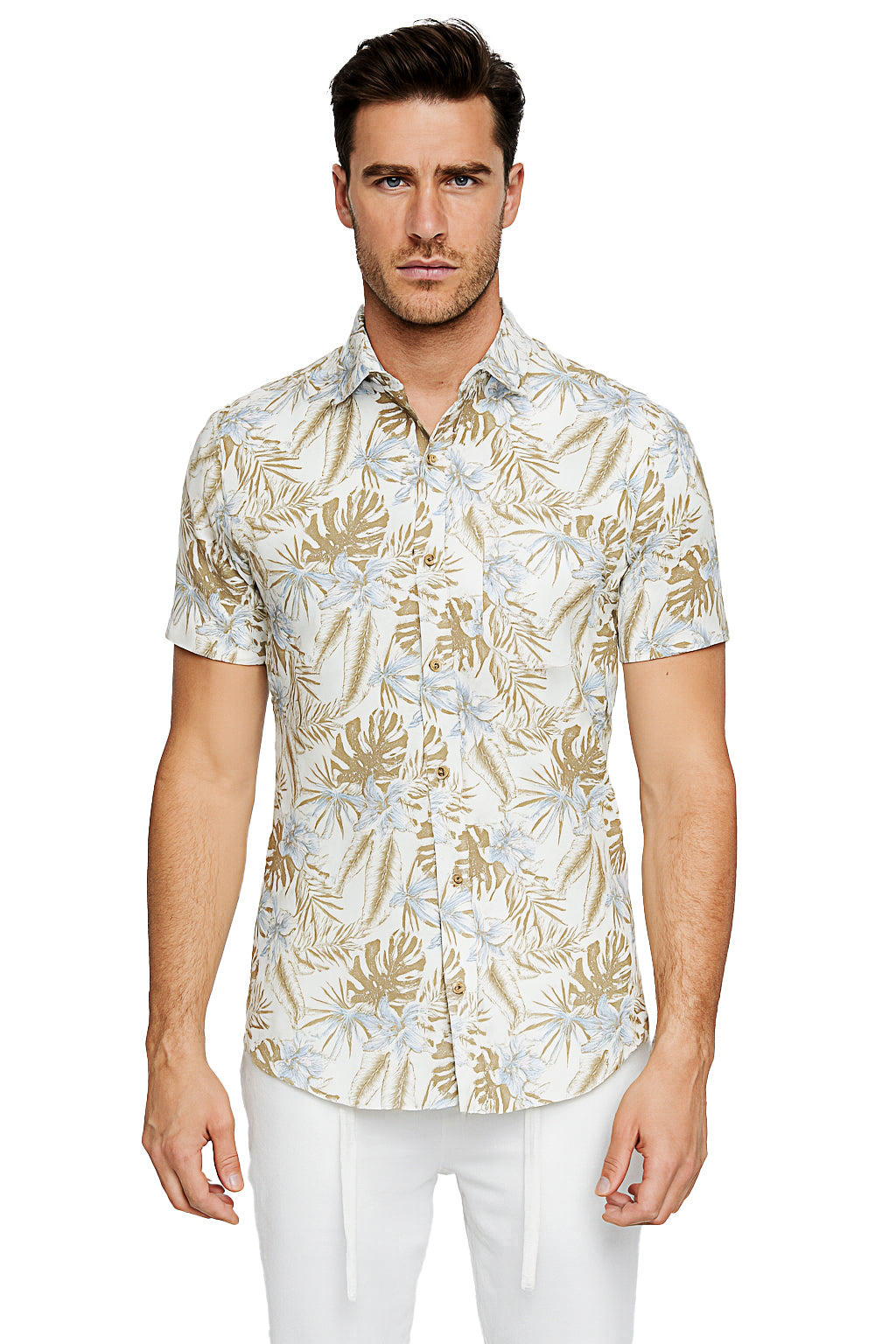 Men Cotton-Gauze Print Short Sleeve Shirt - IVORY/BEIGE - BOHIO - MCS3697 - 6 PCS/PRE-PACK
