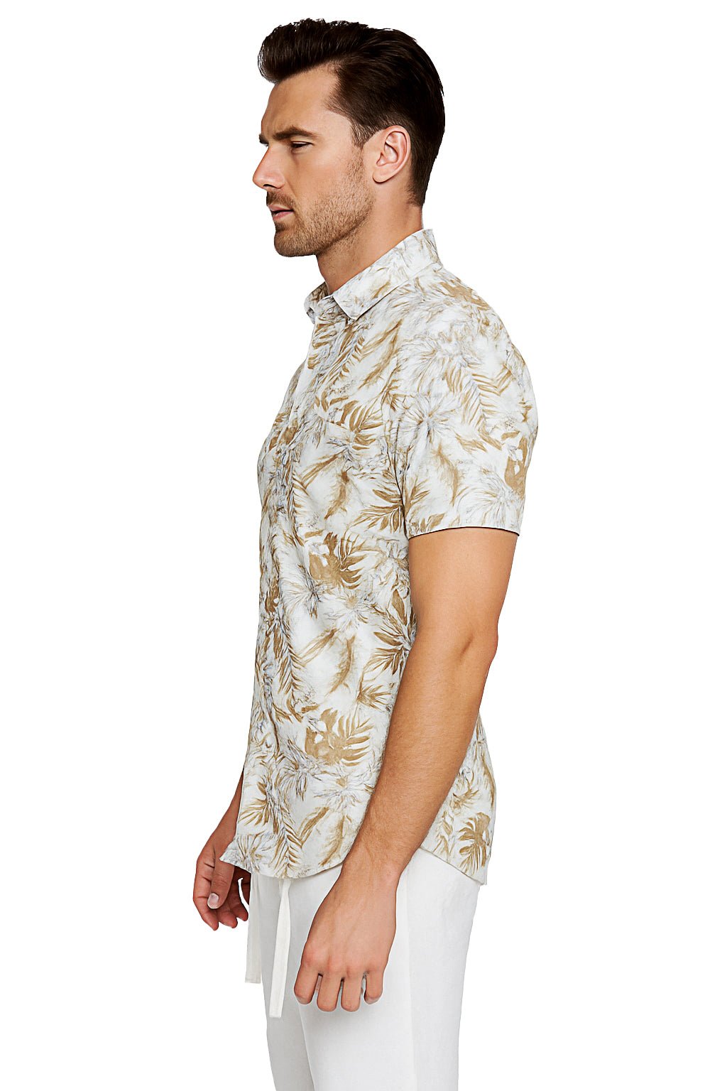 Men Cotton-Gauze Print Short Sleeve Shirt - IVORY/BEIGE - BOHIO - MCS3697 - 6 PCS/PRE-PACK