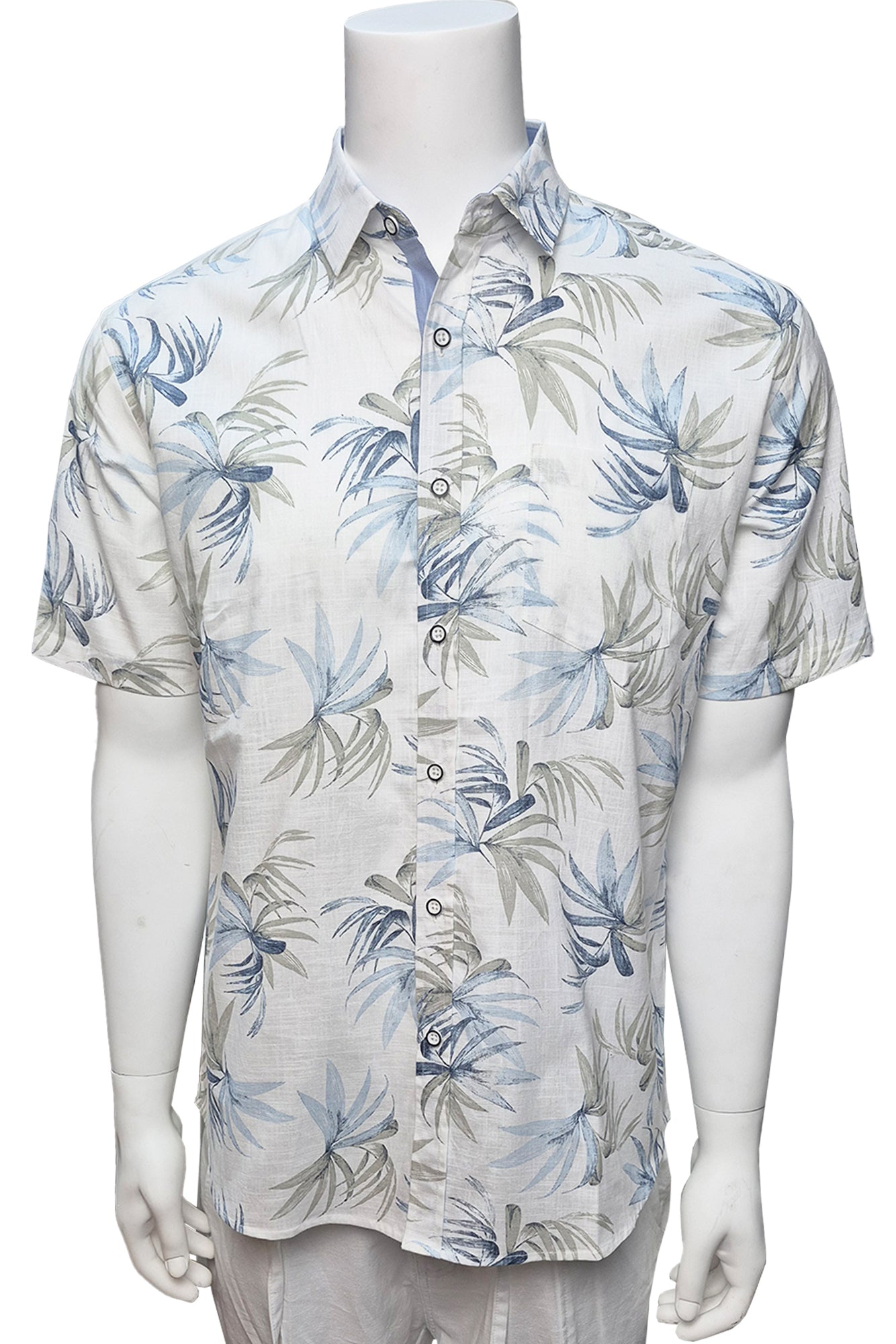 Men Cotton-Gauze Print Short Sleeve Shirt - WHITE/BLUE - BOHIO - MCS3700 - 6 PCS/PRE-PACK
