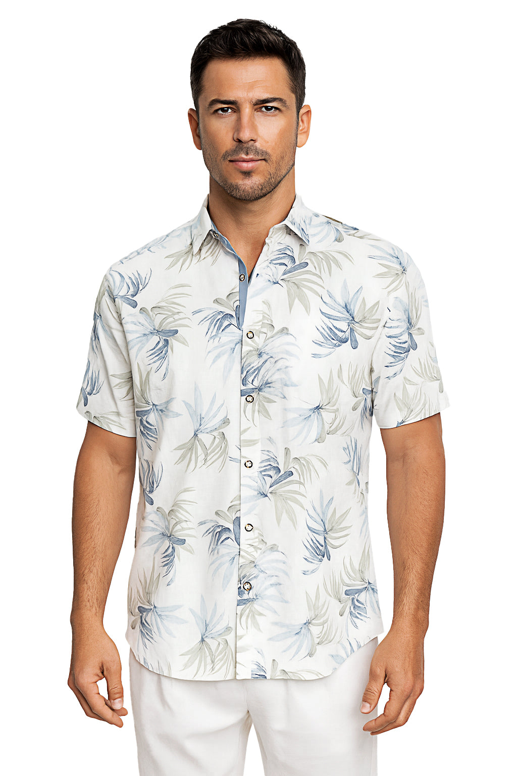 Men Cotton-Gauze Print Short Sleeve Shirt - WHITE/BLUE - BOHIO - MCS3700 - 6 PCS/PRE-PACK