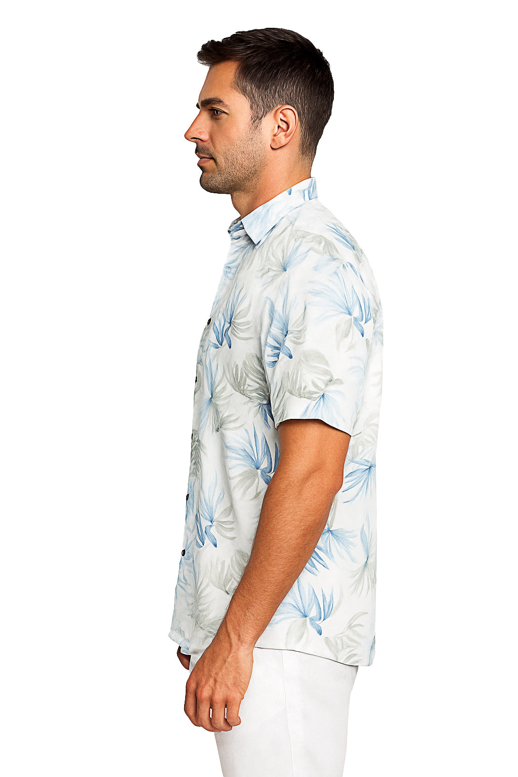 Men Cotton-Gauze Print Short Sleeve Shirt - WHITE/BLUE - BOHIO - MCS3700 - 6 PCS/PRE-PACK