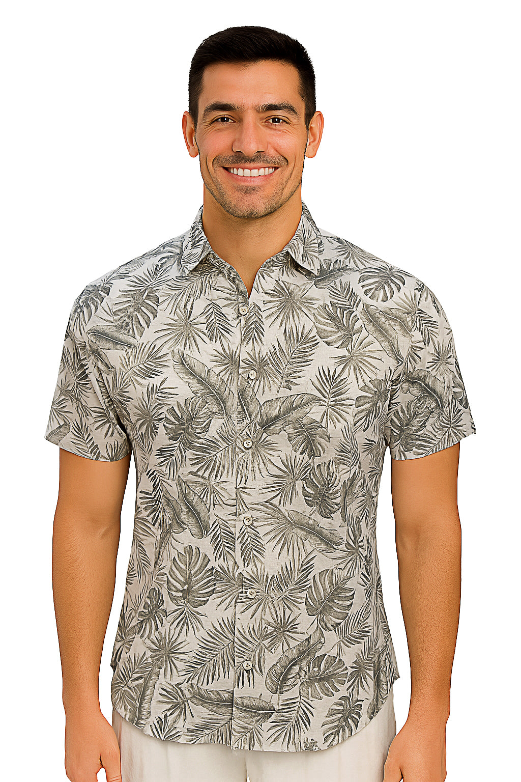 Men Cotton-Gauze Print Short Sleeve Shirt - WHITE/SAGE - BOHIO - MCS3703 - 6 PCS/PRE-PACK