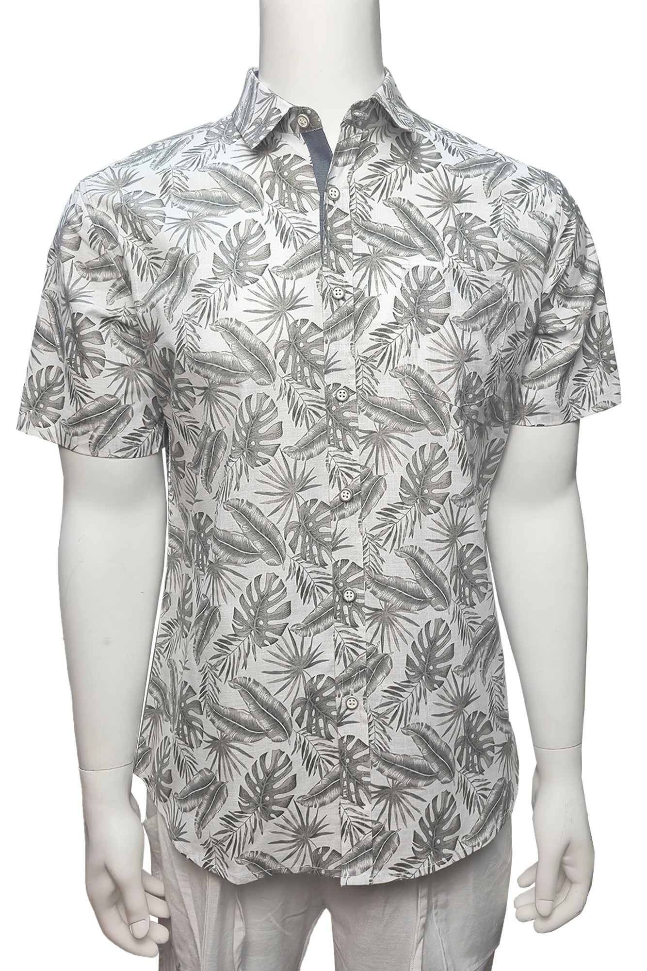 Men Cotton-Gauze Print Short Sleeve Shirt - WHITE/SAGE - BOHIO - MCS3703 - 6 PCS/PRE-PACK