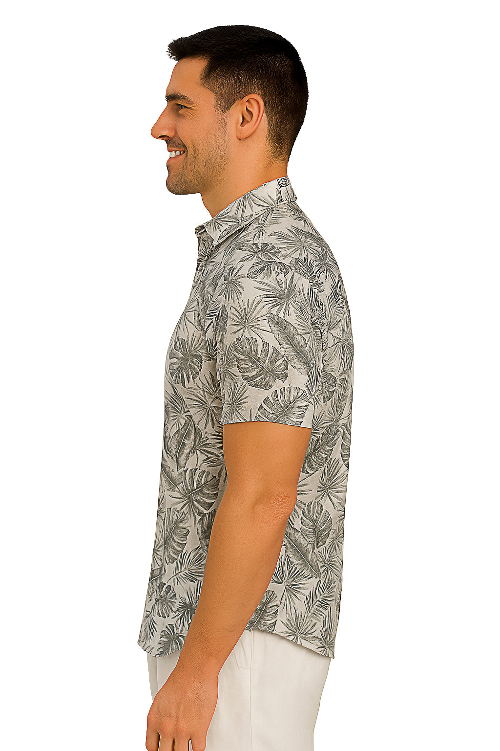 Men Cotton-Gauze Print Short Sleeve Shirt - WHITE/SAGE - BOHIO - MCS3703 - 6 PCS/PRE-PACK