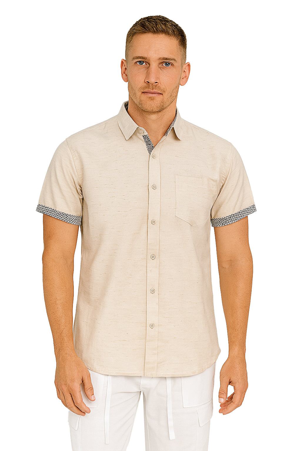 Men's LINEN LOOK S/S Button Down Shirt Contrast Slv Trim - BEIGE - MCSP3347 - 8 PCS/PRE-PACK