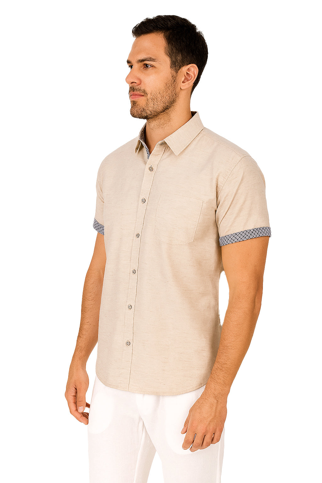 Men's LINEN LOOK S/S Button Down Shirt Contrast Slv Trim - BEIGE - MCSP3347 - 8 PCS/PRE-PACK