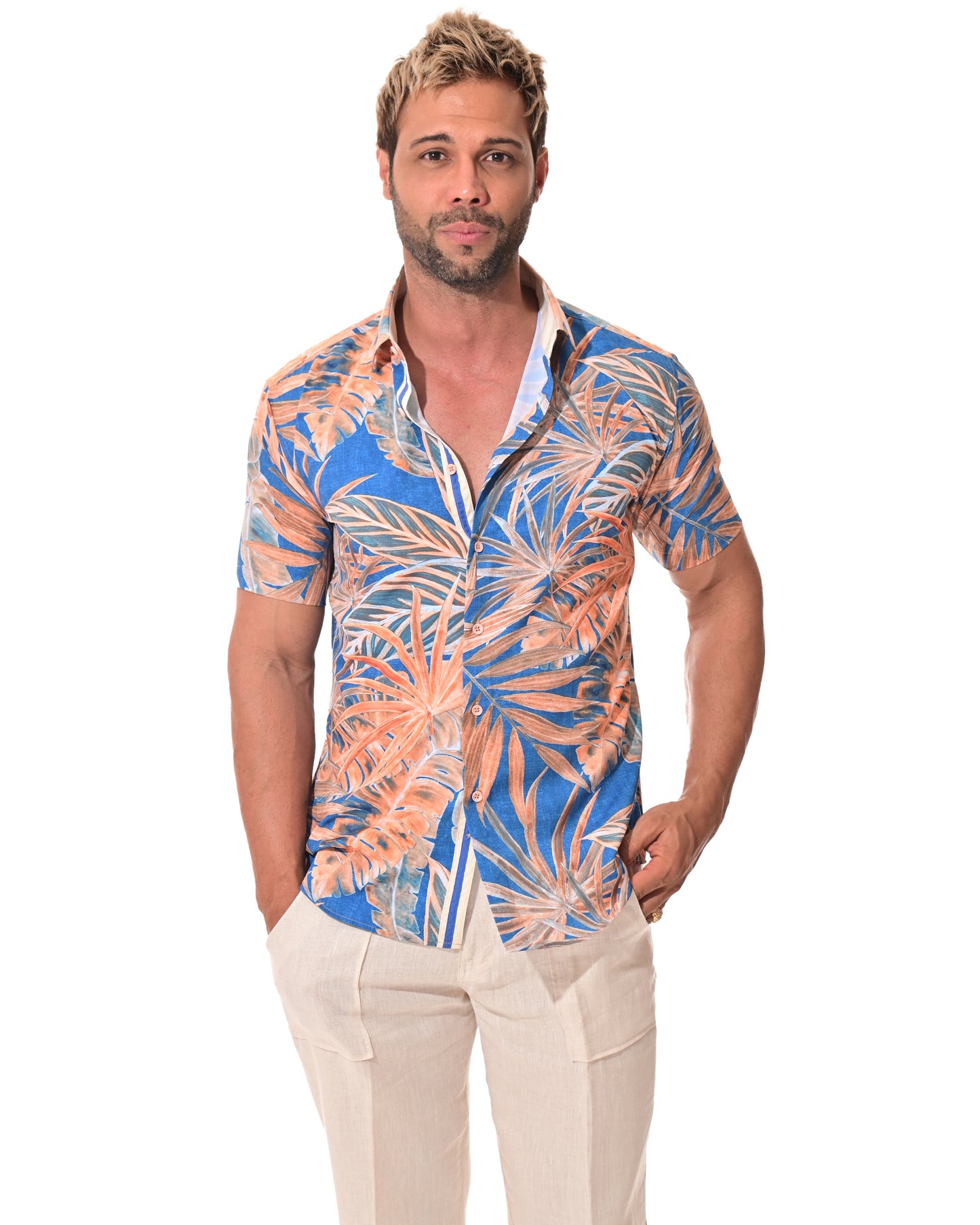 Men Cotton/Poly Spandex Leaf Print Short Sleeve Shirt - MCX3219