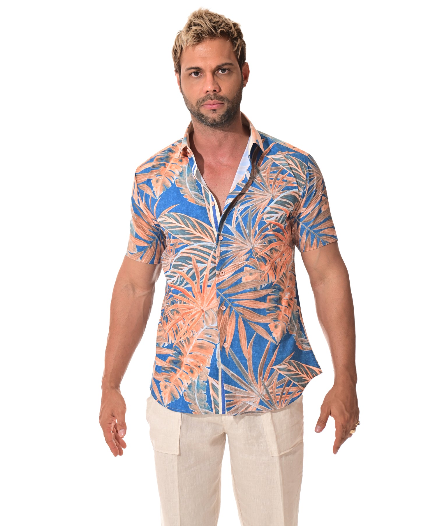Men Cotton/Poly Spandex Leaf Print Short Sleeve Shirt - MCX3219