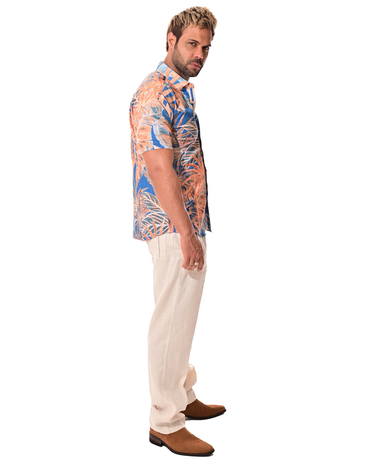Men Cotton/Poly Spandex Leaf Print Short Sleeve Shirt - MCX3219
