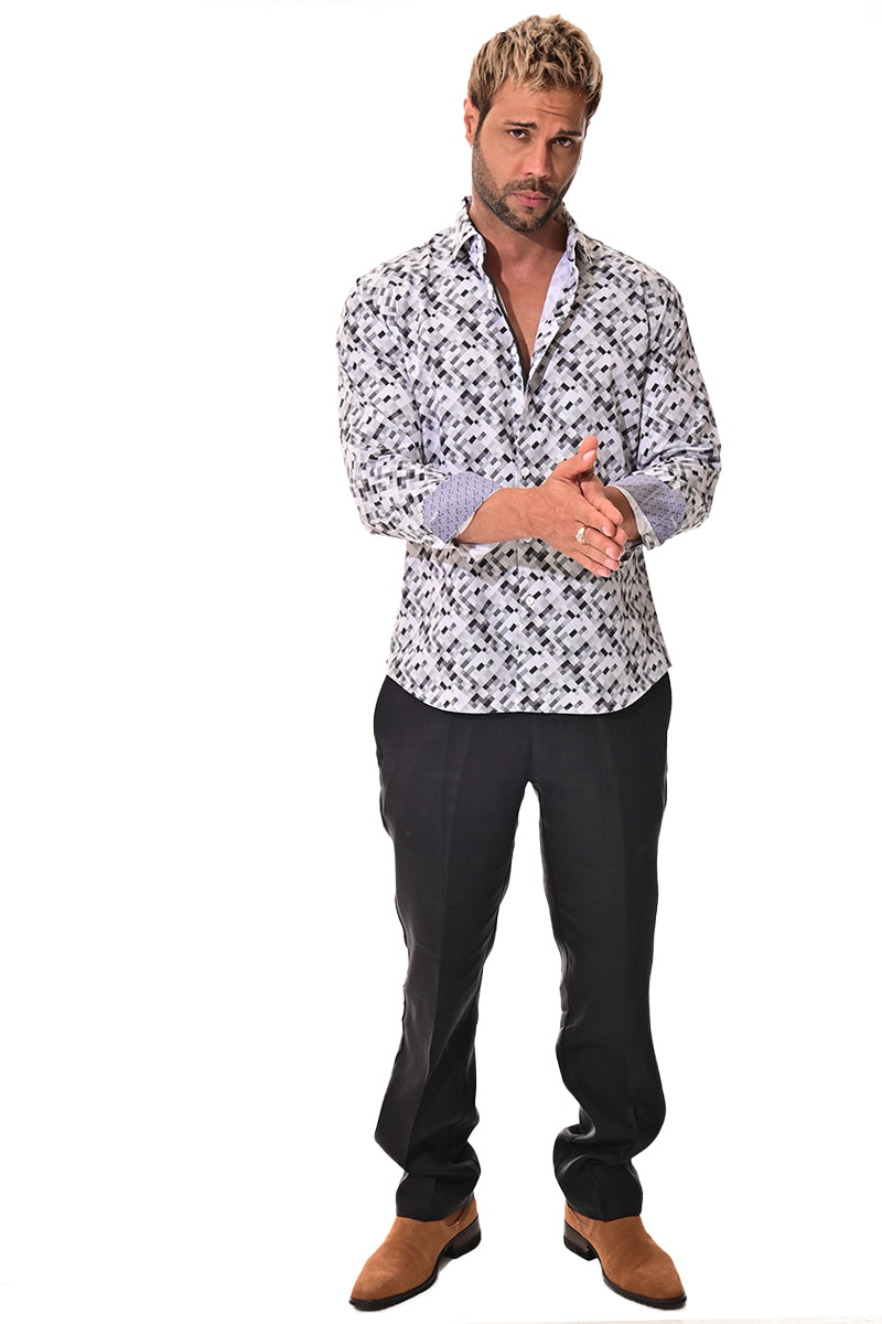 Men's L/S Button Down Shirt w/Contrast Cuff by BOHIO - Grey/Black - MKS3141- 6 PCS/PRE-PACK