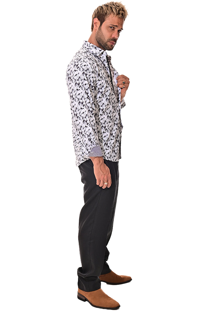 Men's L/S Button Down Shirt w/Contrast Cuff by BOHIO - Grey/Black - MKS3141- 6 PCS/PRE-PACK