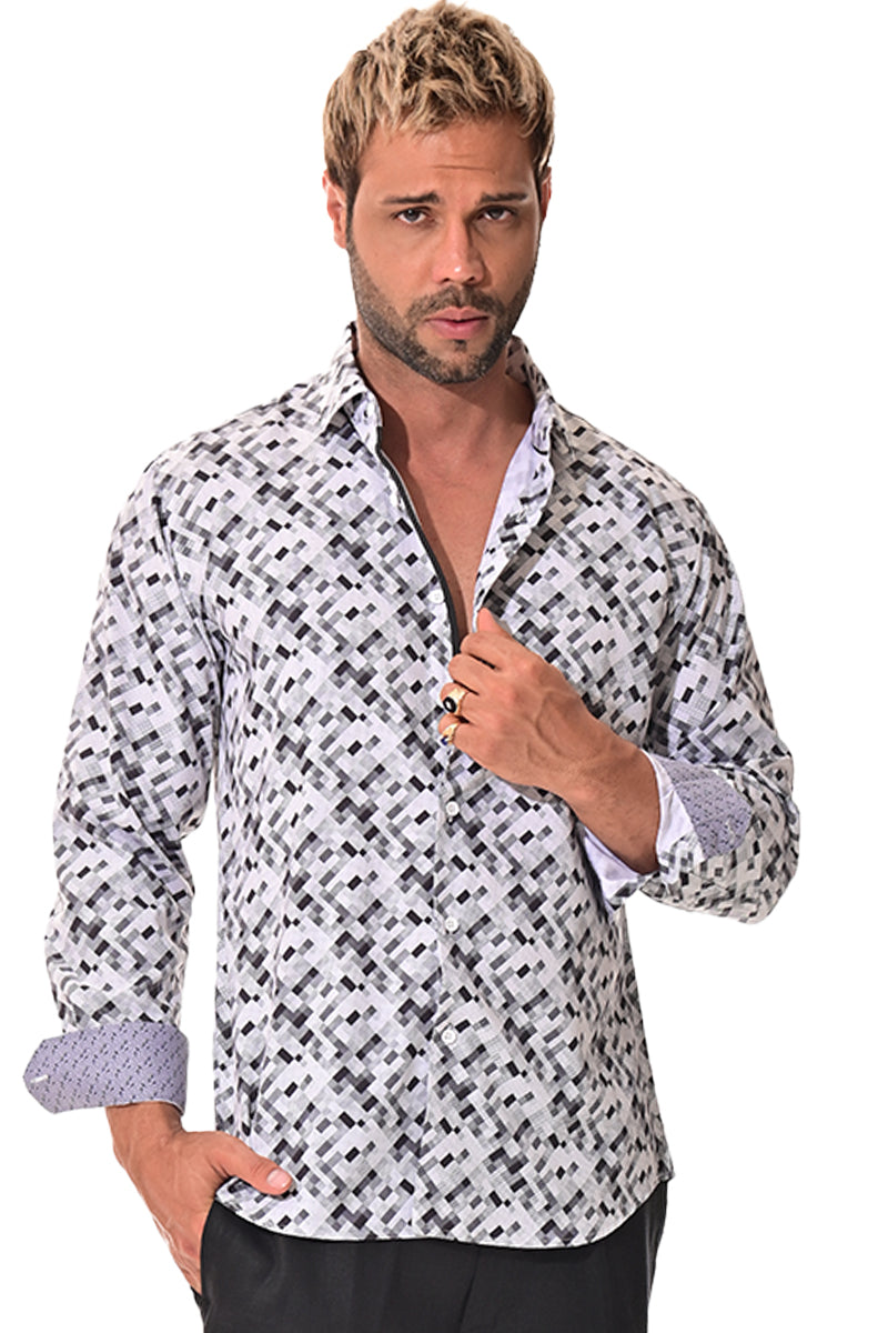 Men's L/S Button Down Shirt w/Contrast Cuff by BOHIO - Grey/Black - MKS3141- 6 PCS/PRE-PACK