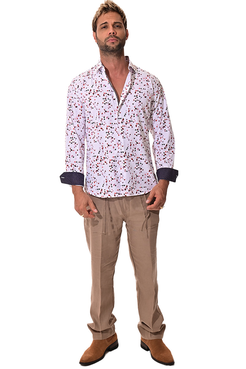Men's L/S Button Down Shirt w/Contrast Cuff by BOHIO - WHITE/PRINT -MKS3163 - 6 PCS/PRE-PACK