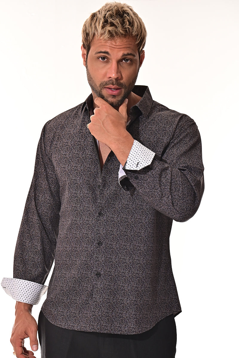 Men's L/S Button Down Shirt w/Contrast Cuff by BOHIO - BLACK/PRINT - MKS3164 - 6 PCS/PRE-PACK