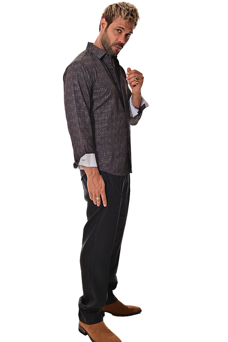 Men's L/S Button Down Shirt w/Contrast Cuff by BOHIO - BLACK/PRINT - MKS3164 - 6 PCS/PRE-PACK