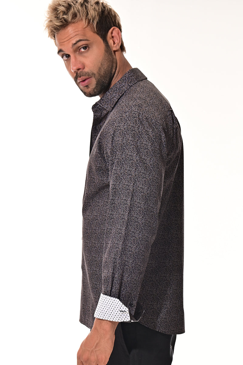 Men's L/S Button Down Shirt w/Contrast Cuff by BOHIO - BLACK/PRINT - MKS3164 - 6 PCS/PRE-PACK
