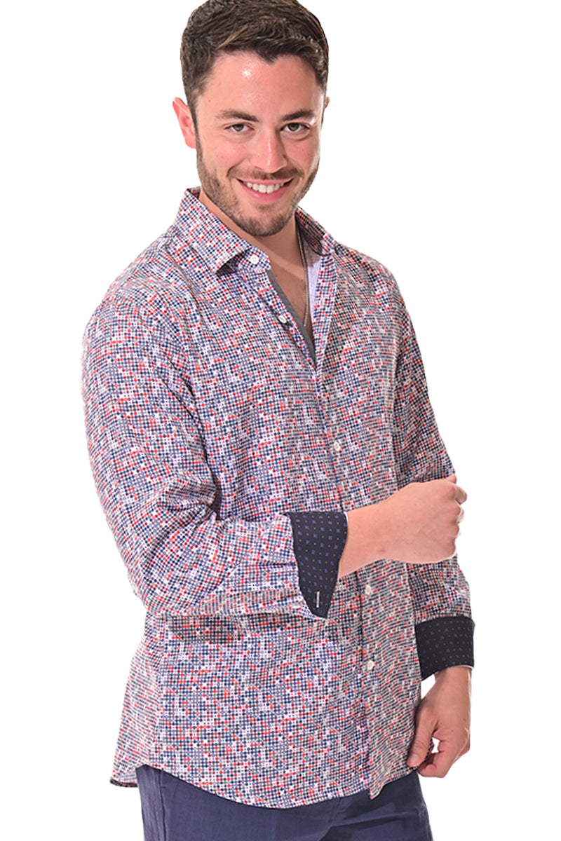 Men's L/S Button Down Shirt w/Contrast Cuff by BOHIO - WHITE/RED -MKS3165 - 6 PCS/PRE-PACK