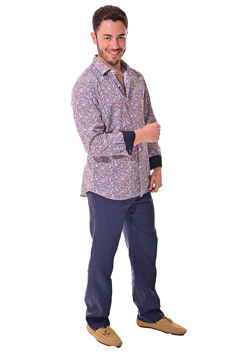 Men's L/S Button Down Shirt w/Contrast Cuff by BOHIO - WHITE/RED -MKS3165 - 6 PCS/PRE-PACK