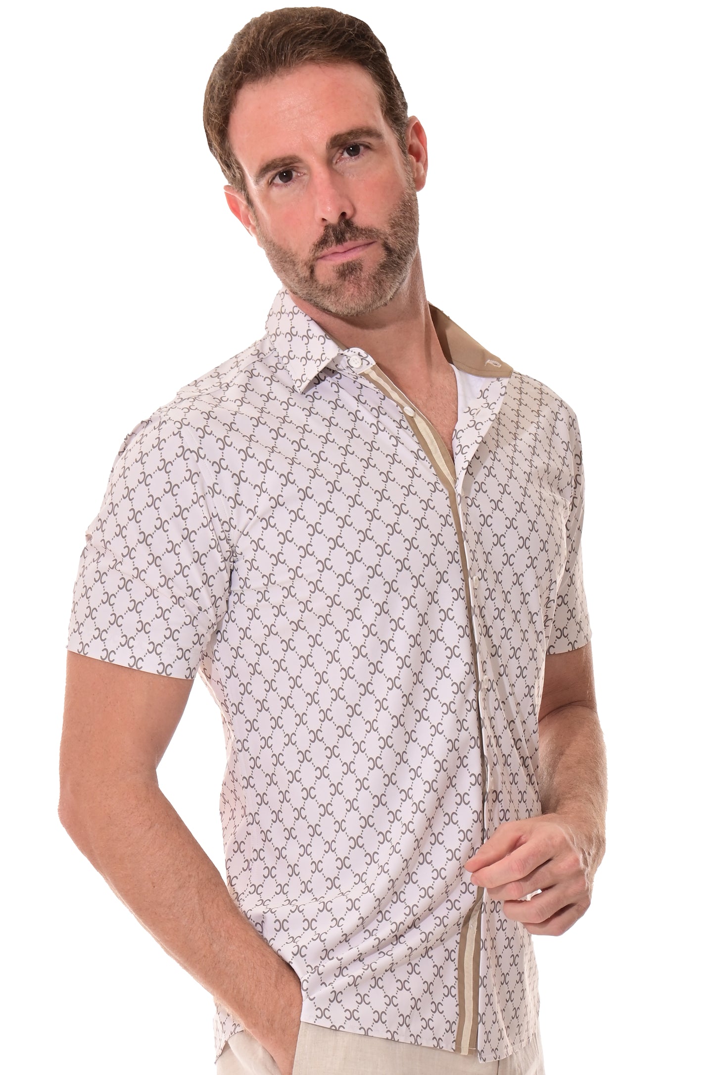 Men's S/S Button Down Shirt fashion Print by BOHIO - BEIGE/PRINT - MKS3174 - 6 PCS/PRE-PACK