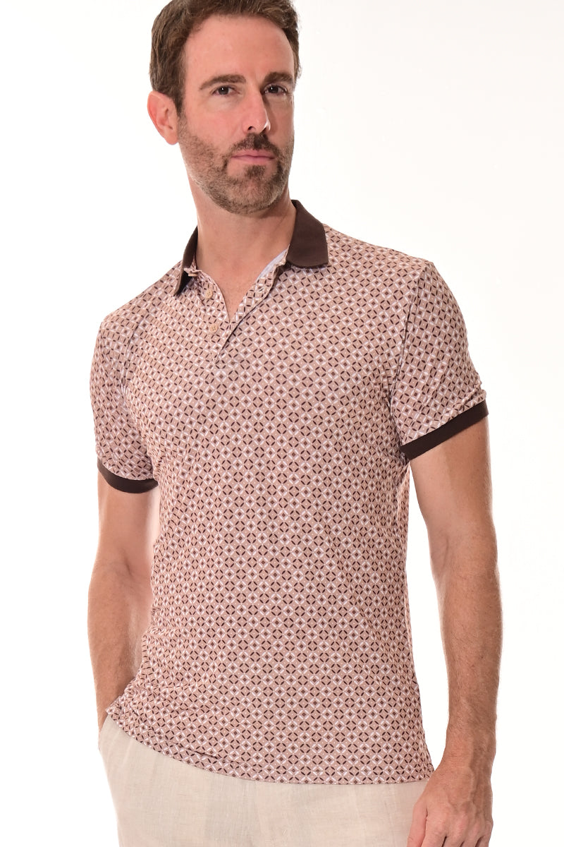 Men's Polo Shirt Cool Feel Fashion Print Golf S/S Beige/Brown - MKT3149