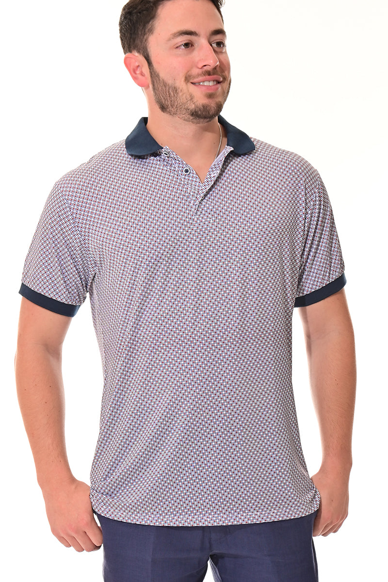 Men's Polo Shirt Cool Feel Fashion Print Golf S/S WHITE/NAVY - MKT3295