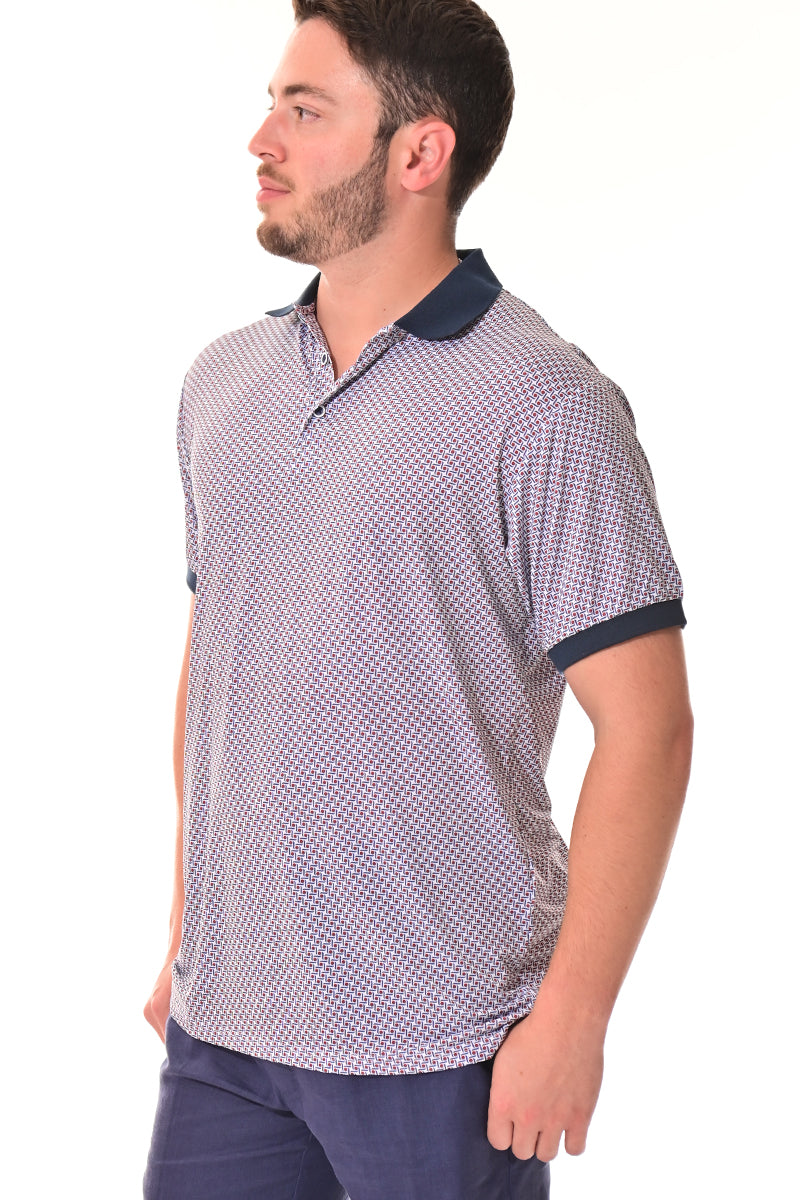 Men's Polo Shirt Cool Feel Fashion Print Golf S/S WHITE/NAVY - MKT3295