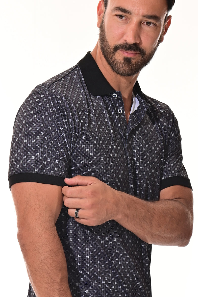 Men's Polo Shirt Cool Feel Fashion Print Golf S/S BLACK/GREY - MKT3297