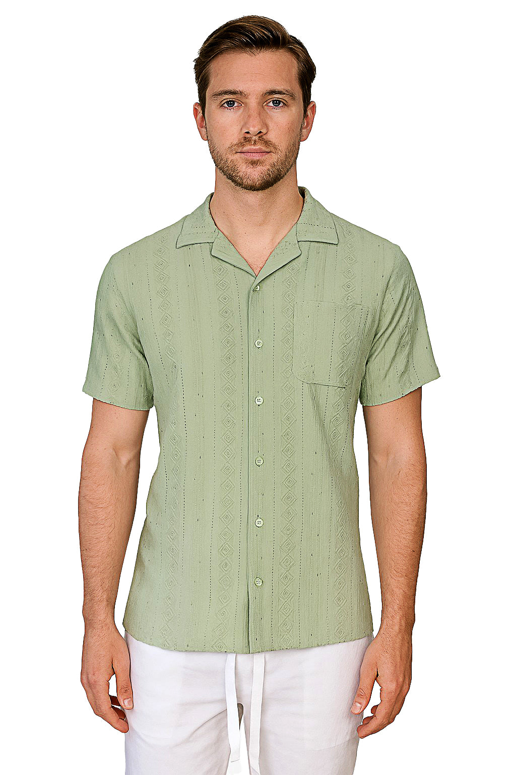 Men's S/S Embroidered Poly/Spandex Stretch Shirt-BEIGE-Color Options-MKTF3282 - 6 PCS/PRE-PACK
