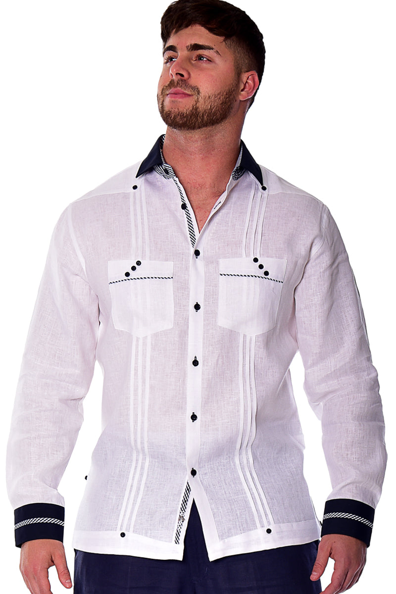 Men Linen Fancy Guayabera L/S Shirt - WHITE/RED - MLFG2027
