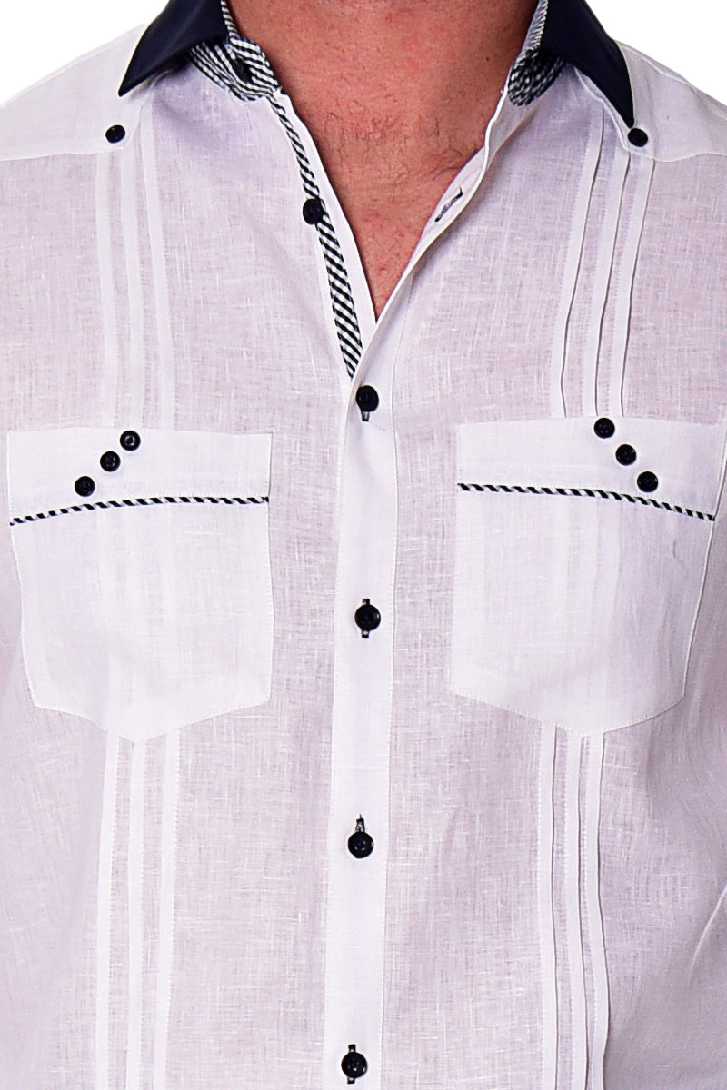 Men Linen Fancy Guayabera L/S Shirt - WHITE/RED - MLFG2027