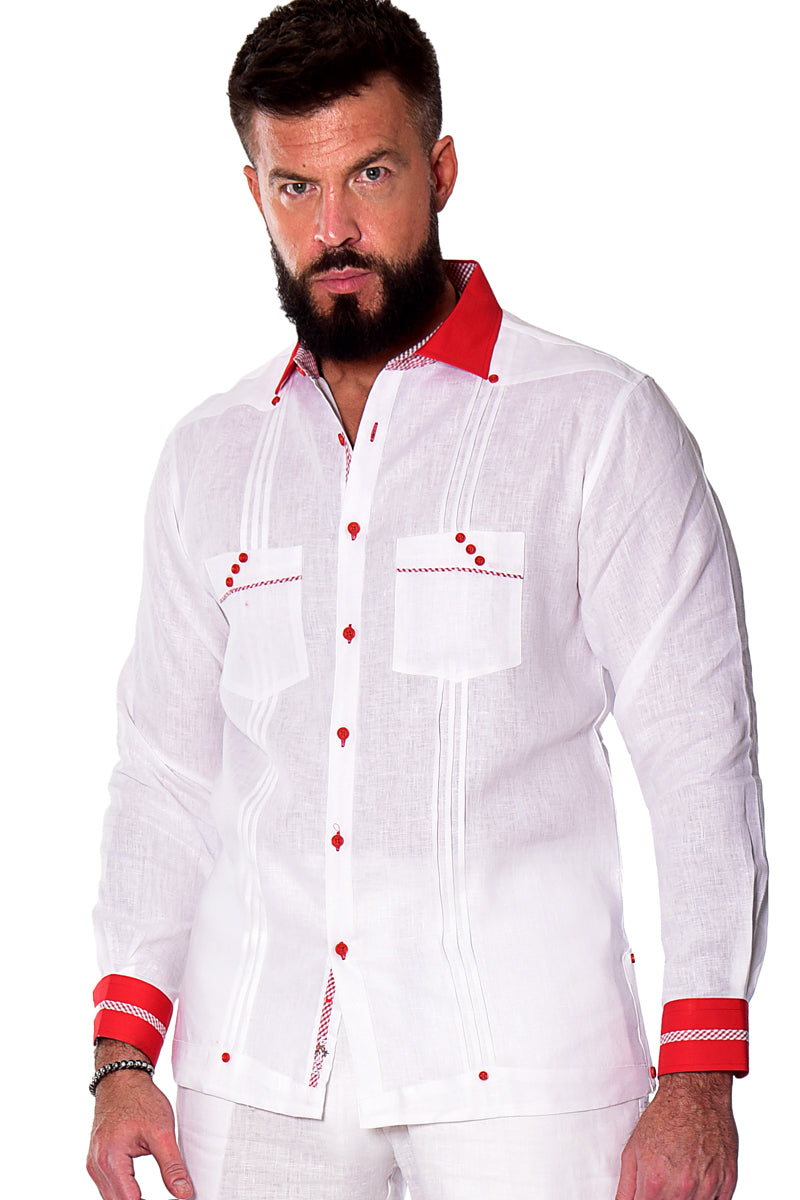 Men Linen Fancy Guayabera L/S Shirt - WHITE/RED - MLFG2027