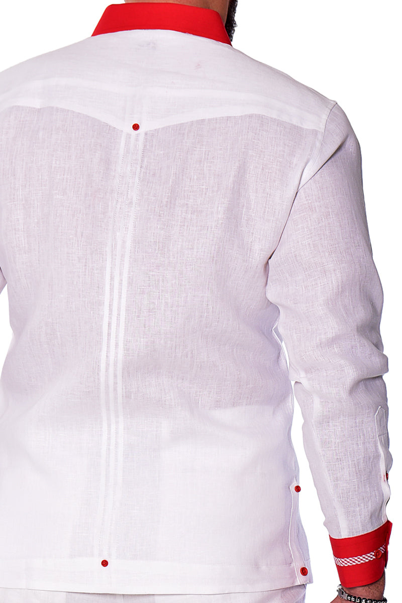 Men Linen Fancy Guayabera L/S Shirt - WHITE/RED - MLFG2027