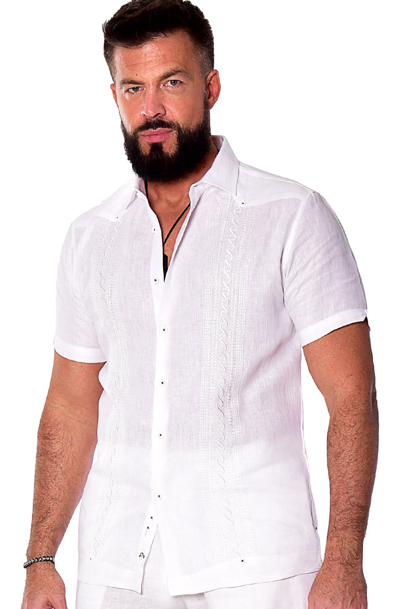 Men Linen Fancy Guayabera S/S Shirt in LT. BLUE - Color Options - MLFG2031