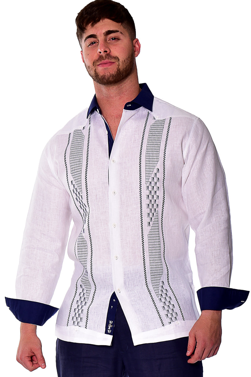 Men Linen Fancy Guayabera L/S Shirt WHITE/NAVY - Color Options - MLFG2032