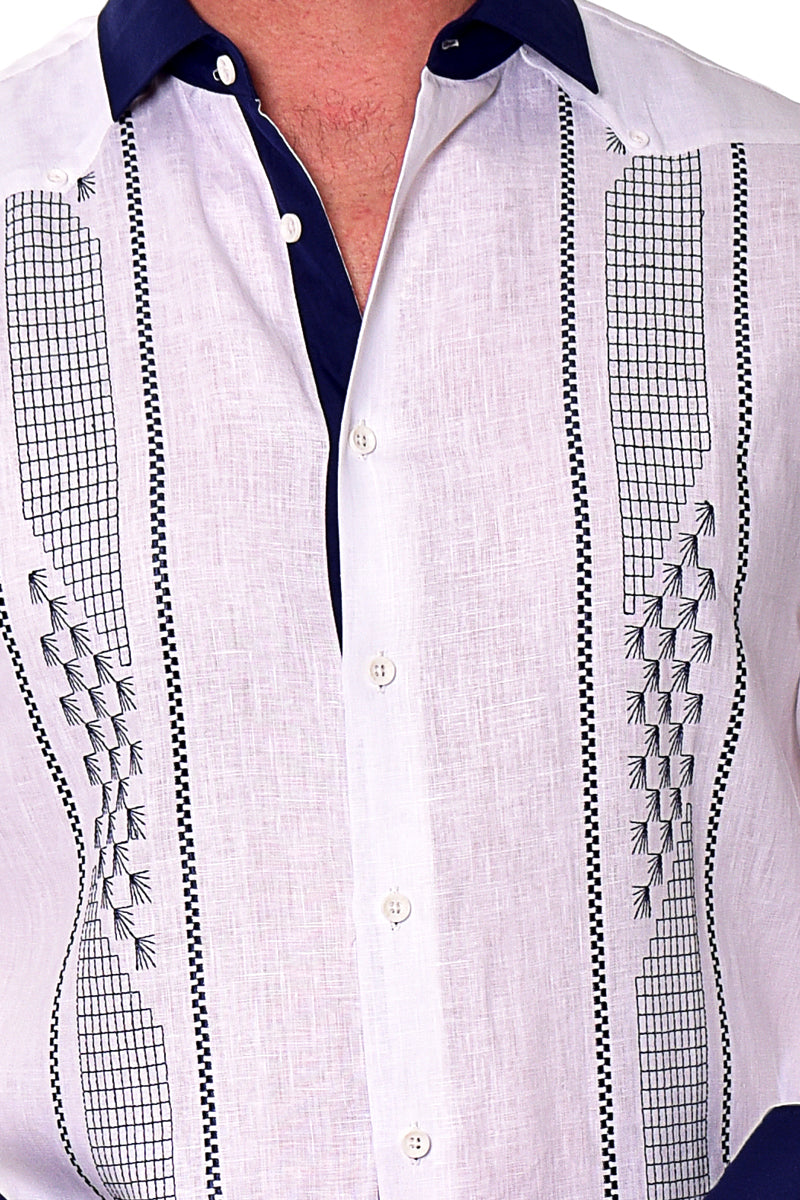 Men Linen Fancy Guayabera L/S Shirt WHITE/NAVY - Color Options - MLFG2032