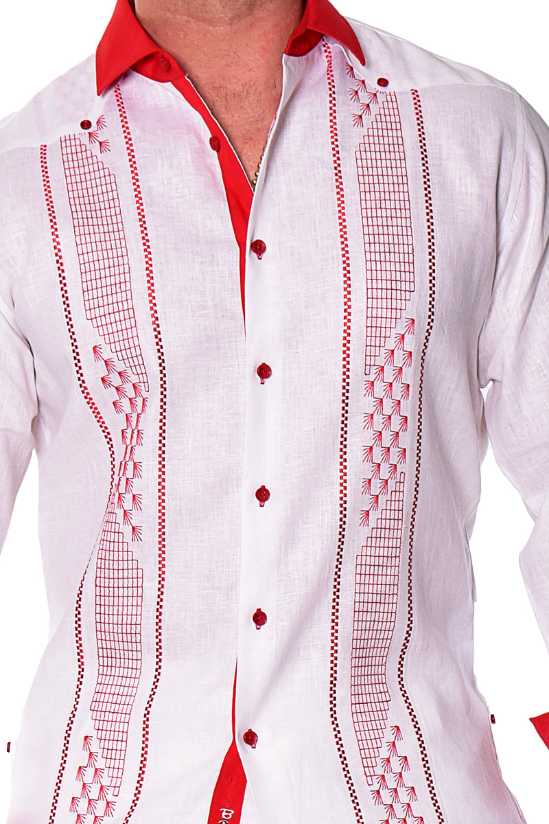 Men Linen Fancy Guayabera L/S Shirt WHITE/NAVY - Color Options - MLFG2032