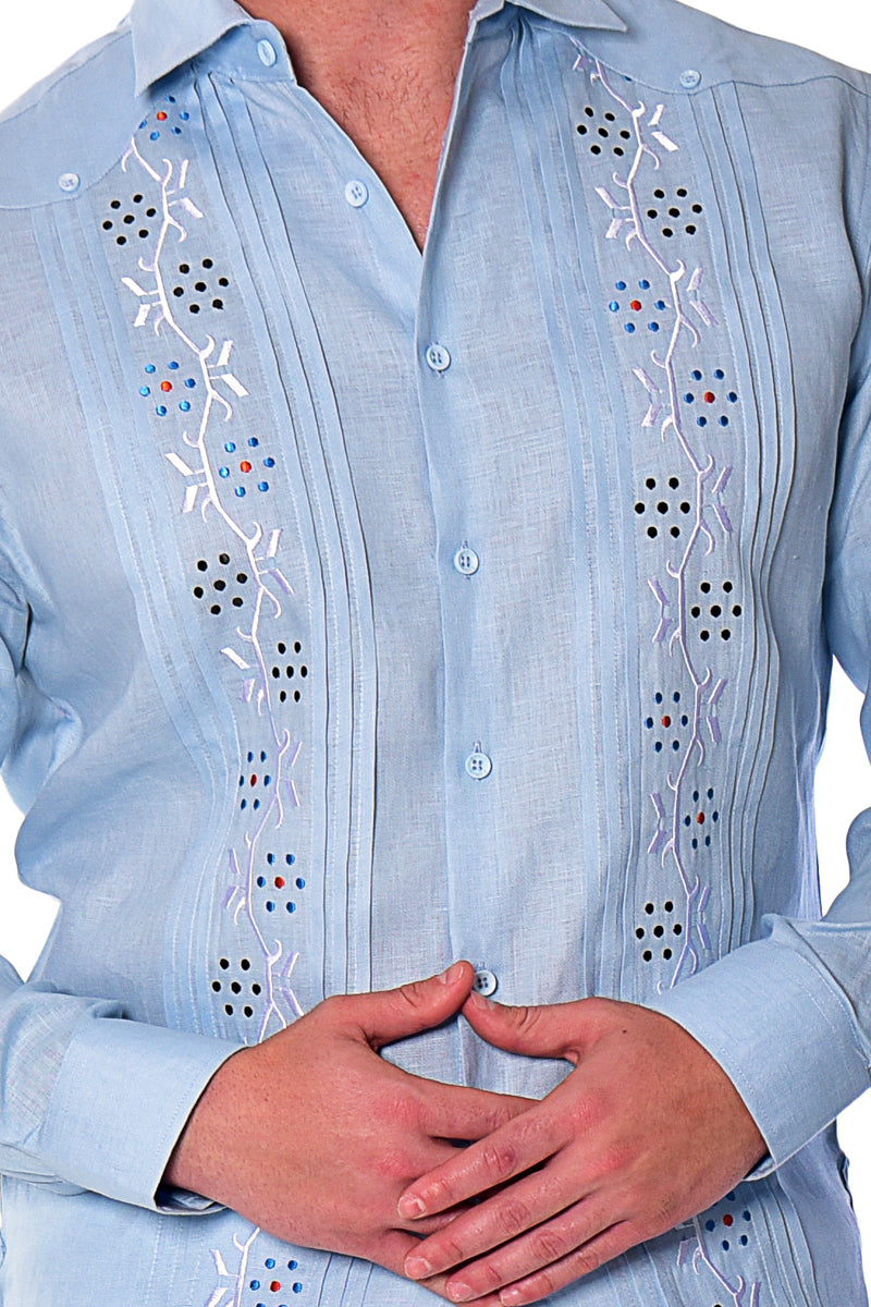 Men 100% Linen Fancy Guayabera L/S Shirt in LT. BLUE-Color Options-MLFG2033 - 6 PCS/PRE-PACK