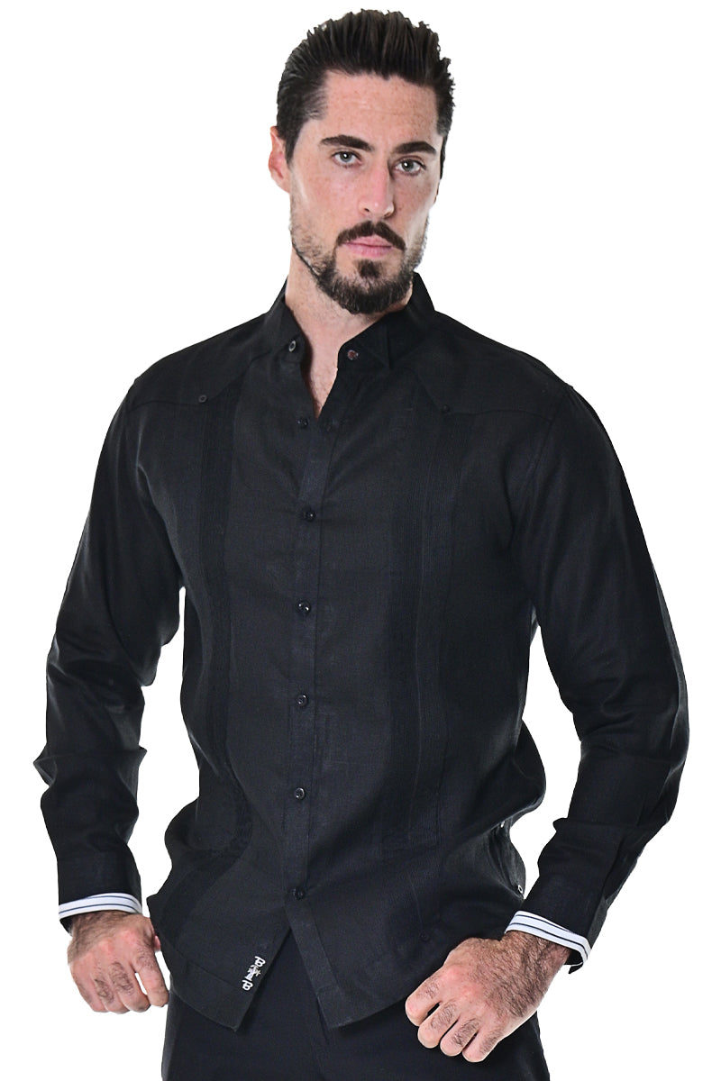 Men Linen Fancy Guayabera L/S Shirt Tuxedo WHITE - MLG1686