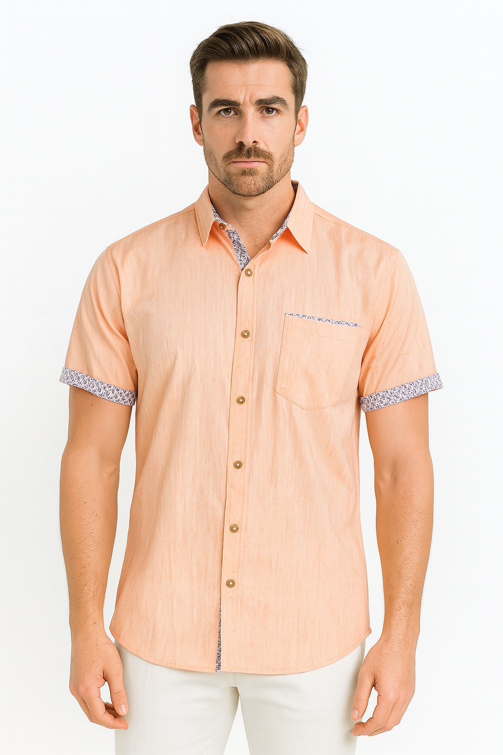 Men's LINEN LOOK S/S Button Down Shirt Contrast Slv Trim-WHITE-MLL3496-COLOR OPTIONS-6 PCS/PRE-PACK