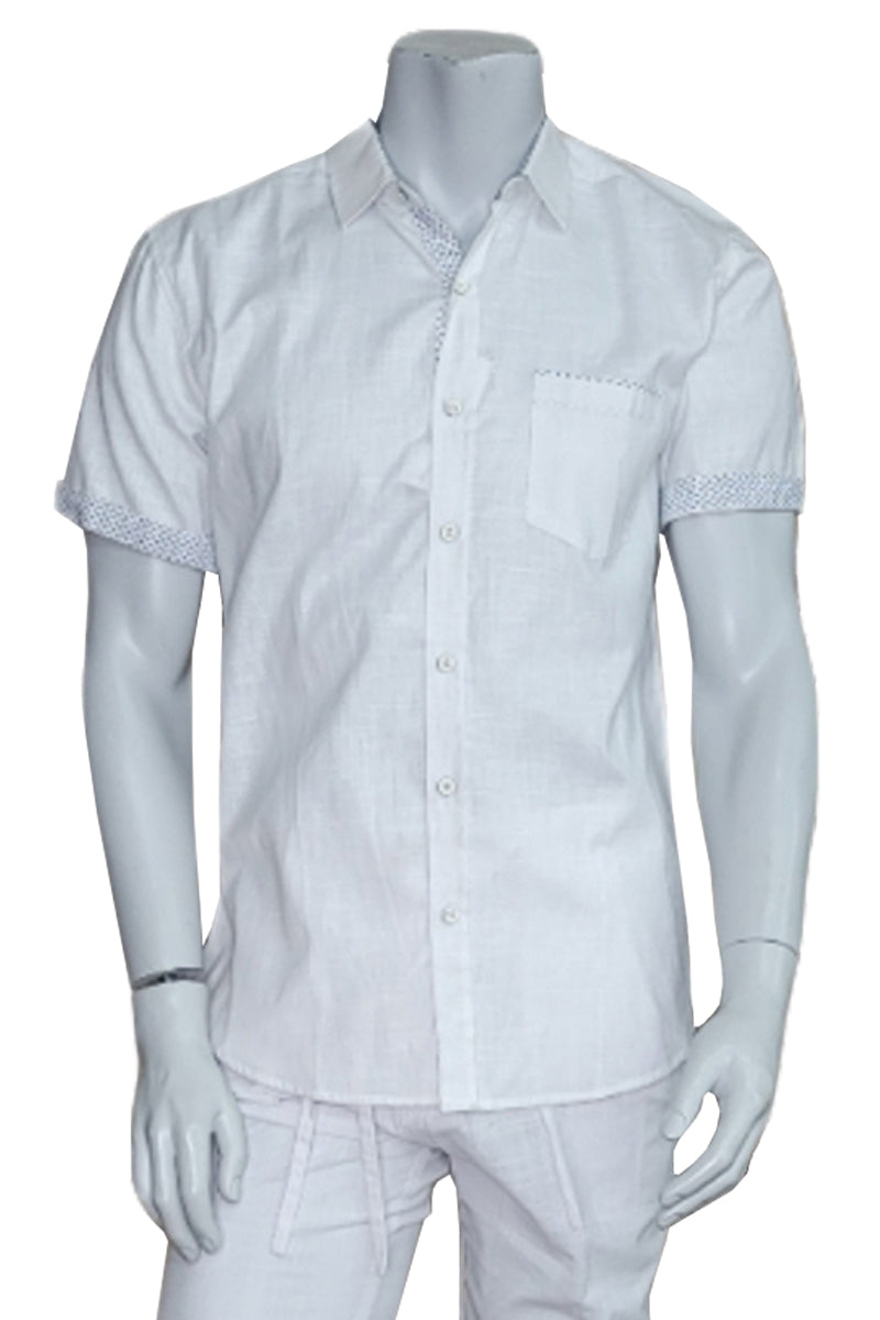 Men's LINEN LOOK S/S Button Down Shirt Contrast Slv Trim-WHITE-MLL3496-COLOR OPTIONS-6 PCS/PRE-PACK