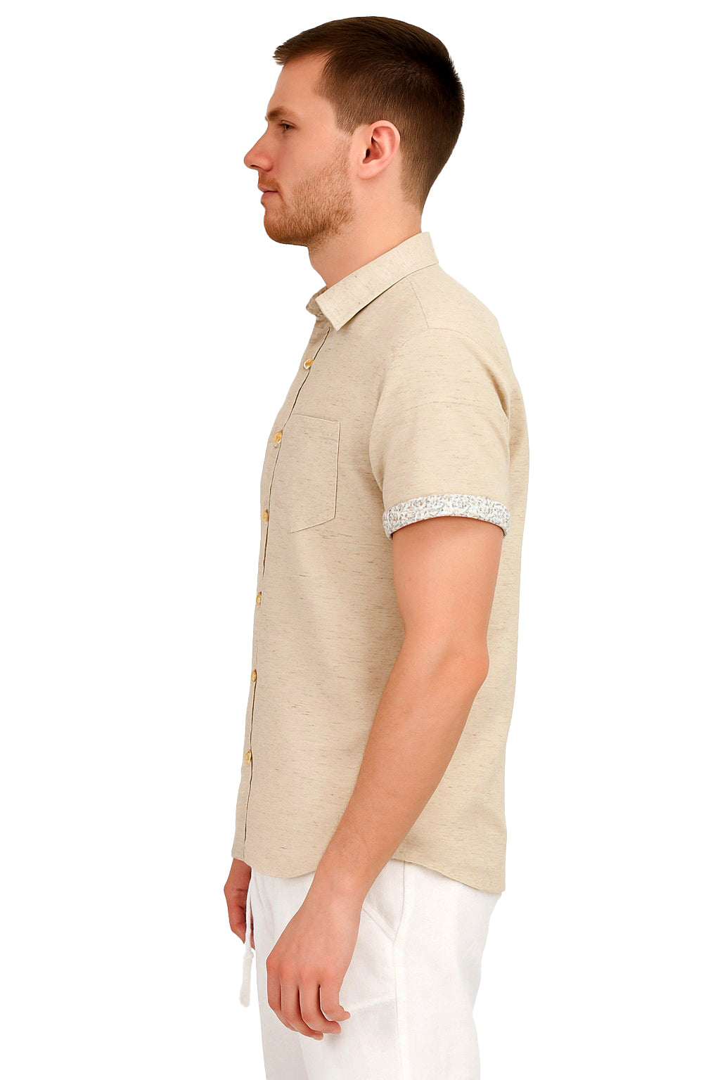 Men's LINEN LOOK S/S Button Down Shirt Contrast Slv Trim - BEIGE - MLL3497B - 6 PCS/PRE-PACK