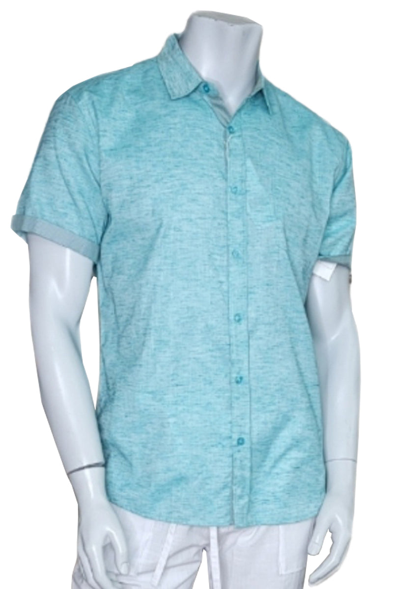 Men's S/S Button Down Shirt Contrast Slv Trim - Color Options - AQUA - MLL3497-P