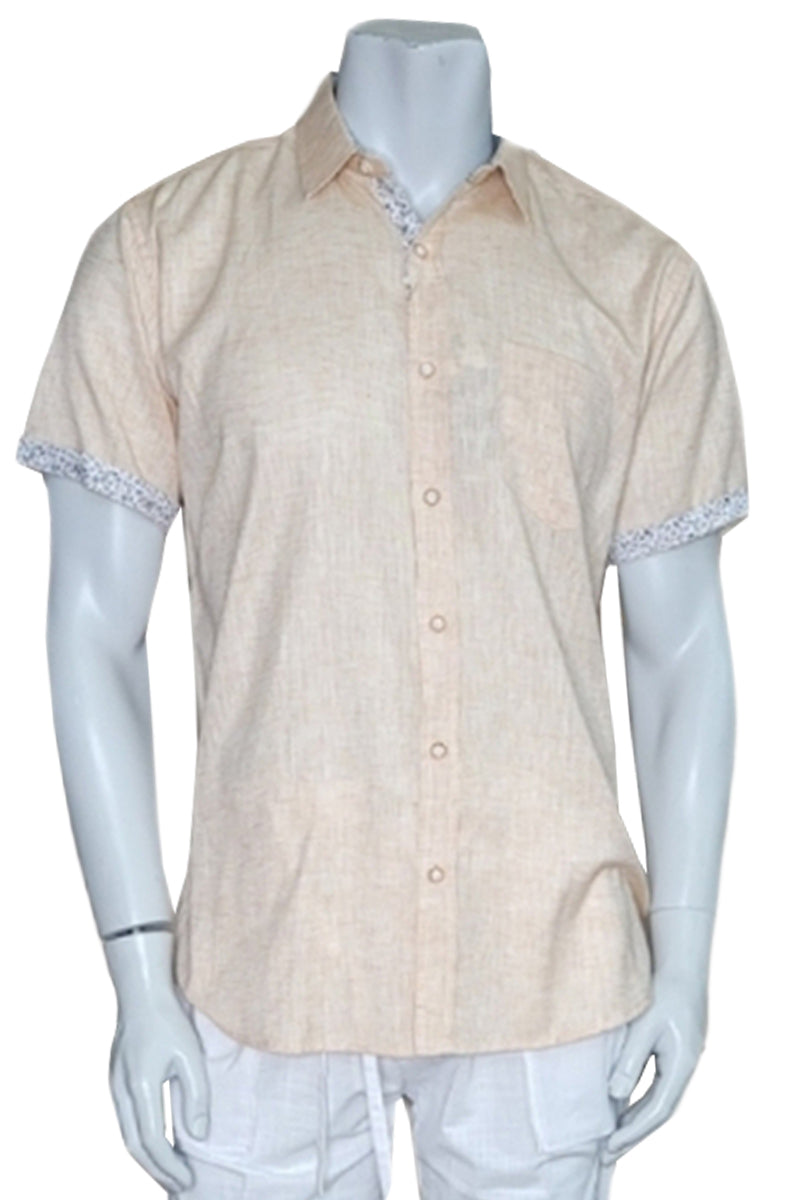Men's S/S Button Down Shirt Contrast Slv Trim - Color Options - BEIGE - MLL3498-P