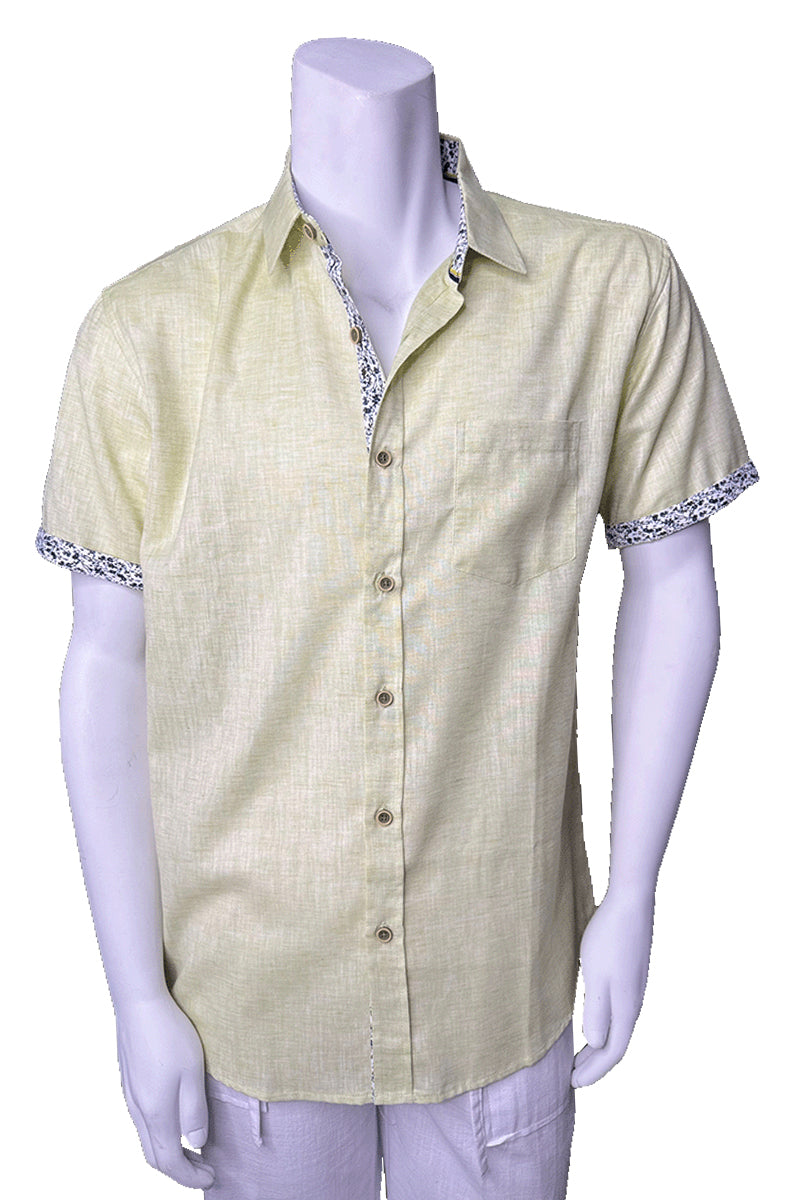 Men's S/S Button Down Shirt Contrast Slv Trim - Color Options - BEIGE - MLL3498-P